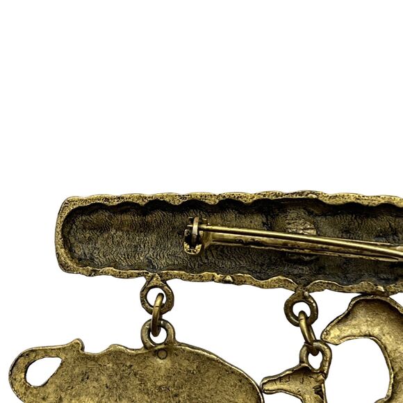 Safari Animal Pin Bar Brooch Vintage Gold Tone Dangling Elephant Giraffe Zebra - Picture 12 of 16